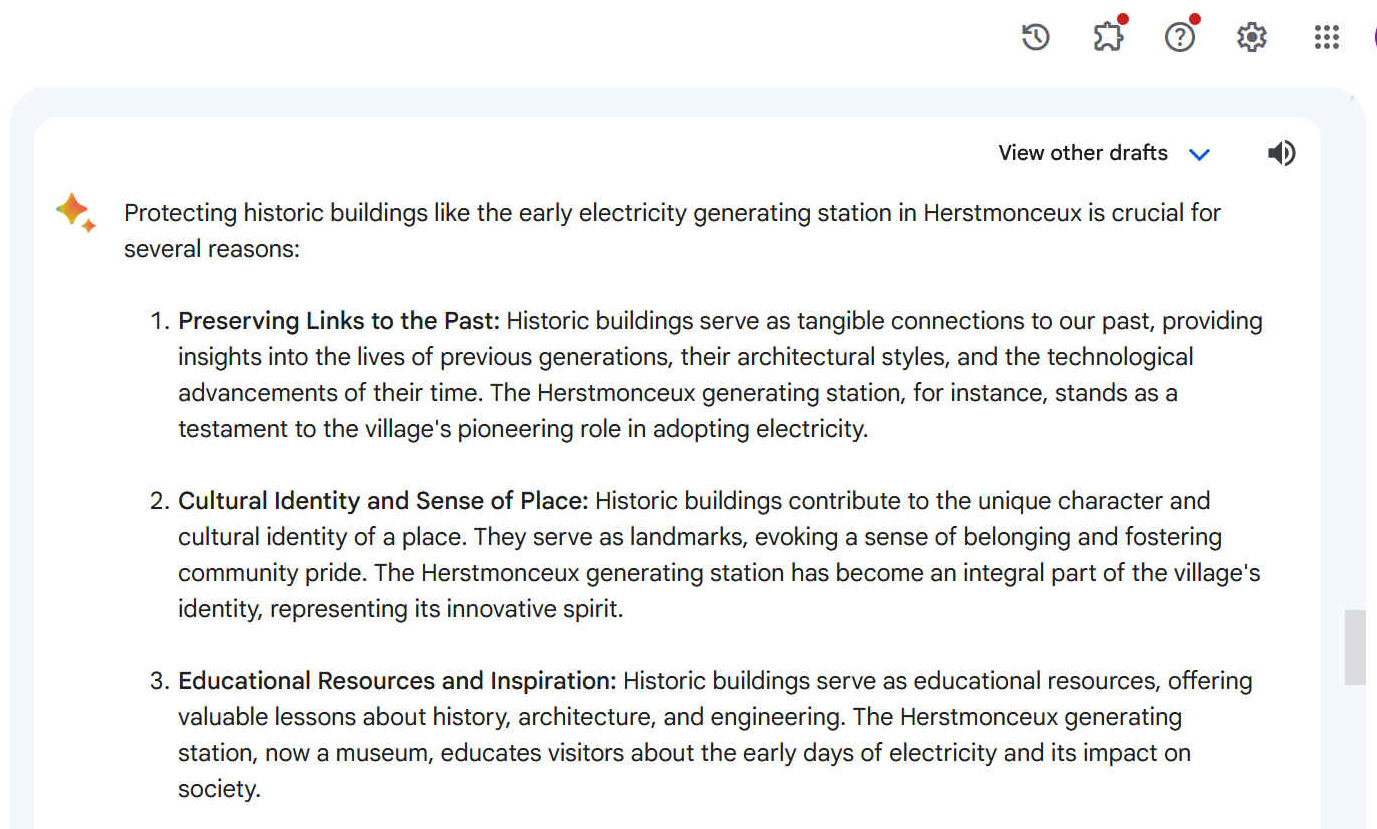 A1. Protecting historic buildings like the early electricity generating station in Herstmonceux is crucial for several reasons: