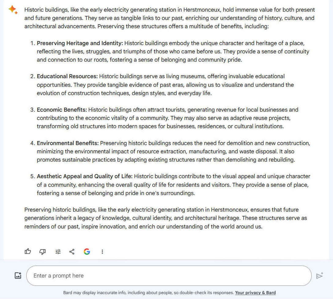 A3. Historic buildings, like the early electricity generating station in Herstmonceux, hold immense value for both present and future generations. They serve as tangible links to our past, enriching our understanding of history, culture, and architectural advancements. Preserving these structures offers a multitude of benefits, including: