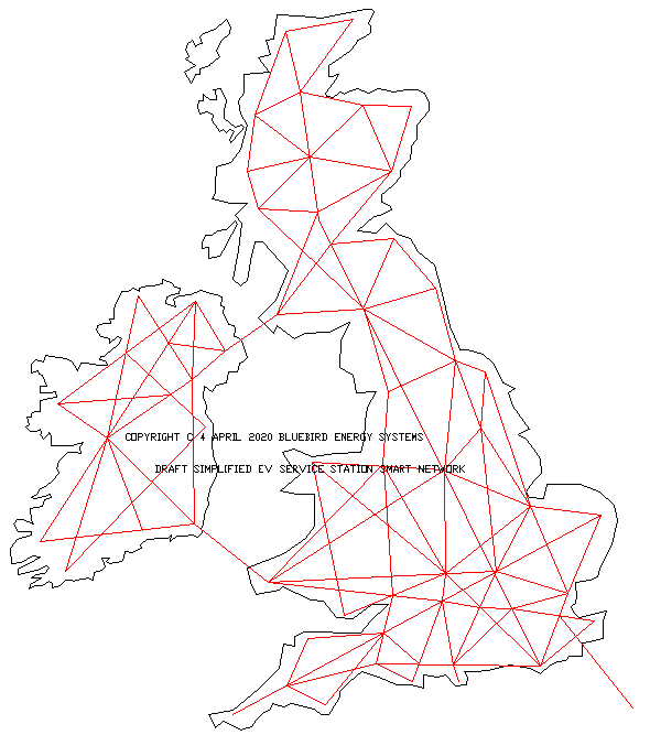 Map of the United Kingdom, showing a proposed network of hydrogen enrgy storage and dual purpose EV service stations.